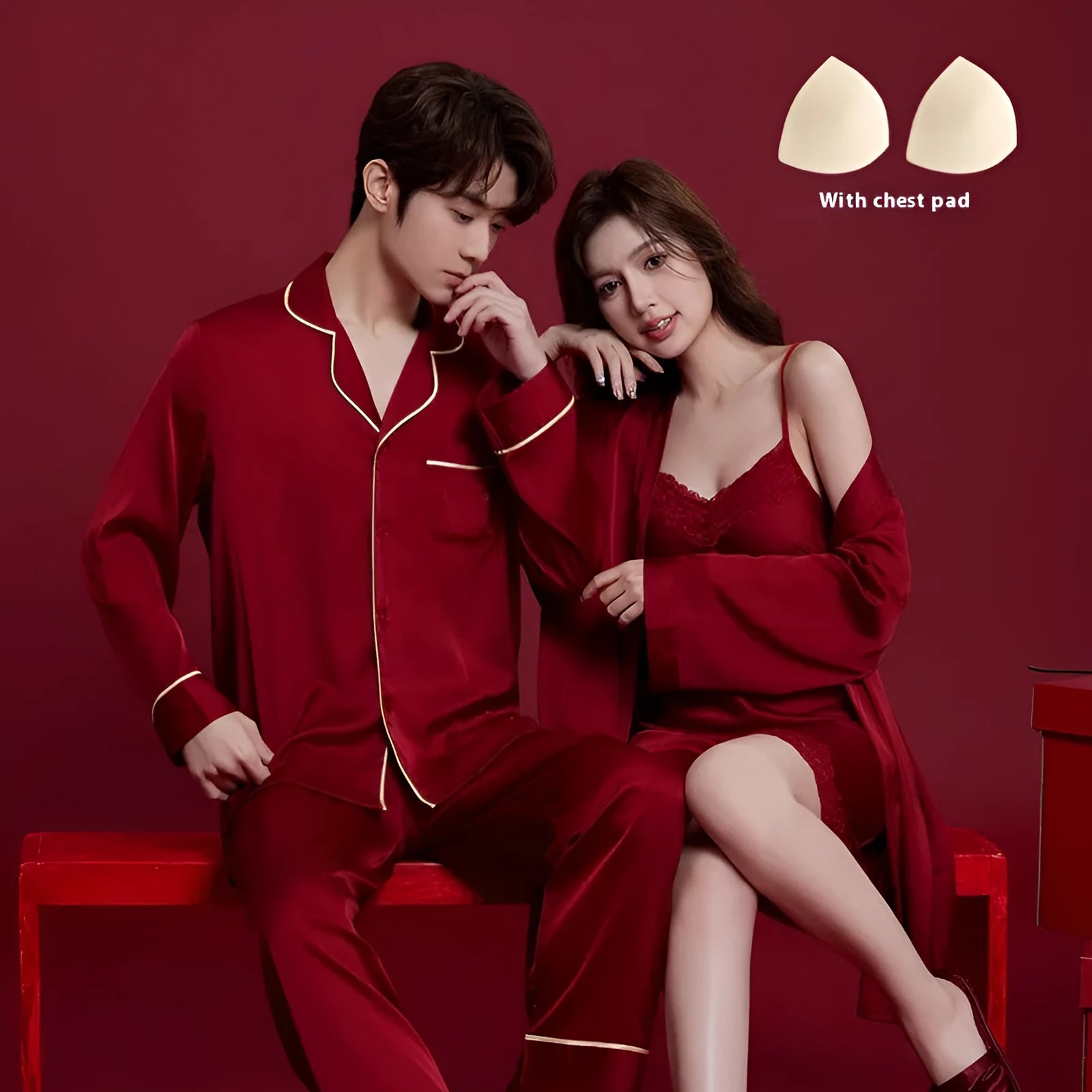 Red ice silk wedding sleepwear set for men and women with long sleeves and trousers