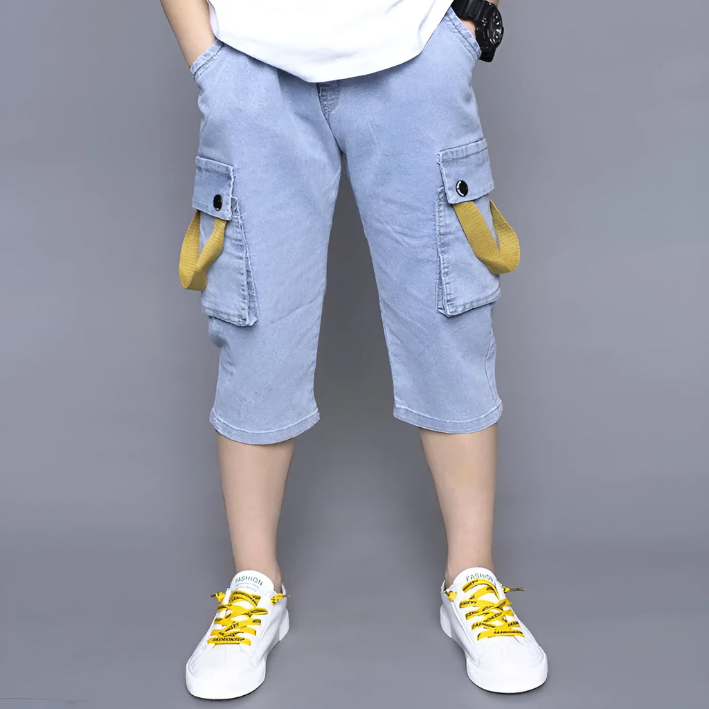 Boys loose stretch cropped jeans high waist cotton blue front view