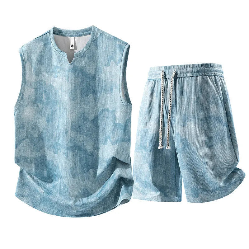 Sleeveless vest and shorts two-piece casual suit in quick-drying fabric for plus sizes.