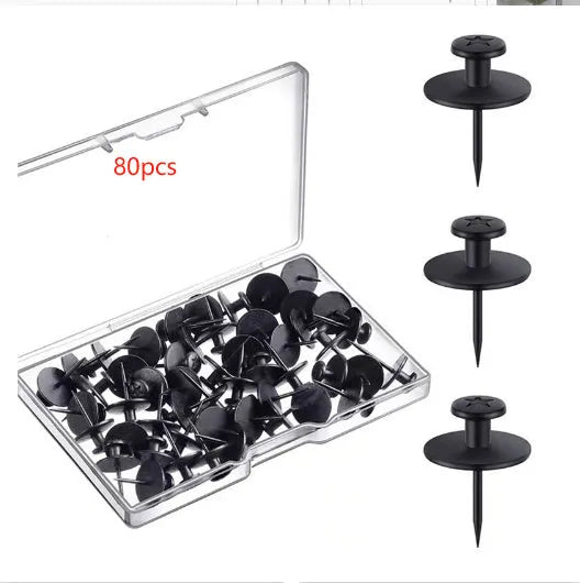 Black plastic I-shaped corkboard nails in a PP box, available in 30, 50 or 80 pieces