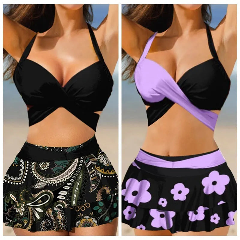 Women's purple high-waisted bikini swimsuit with skirt and lace-up back detail