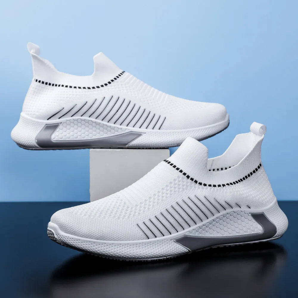 Men's mesh sock slip-on sneakers with striped design and flyknit upper in black colour