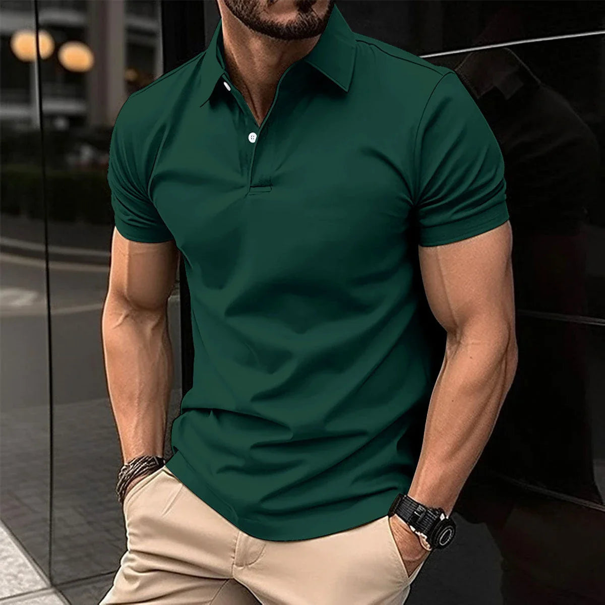 Men's short sleeve polo shirt in various solid color options, featuring a button-down collar and comfortable cotton-blend fabric