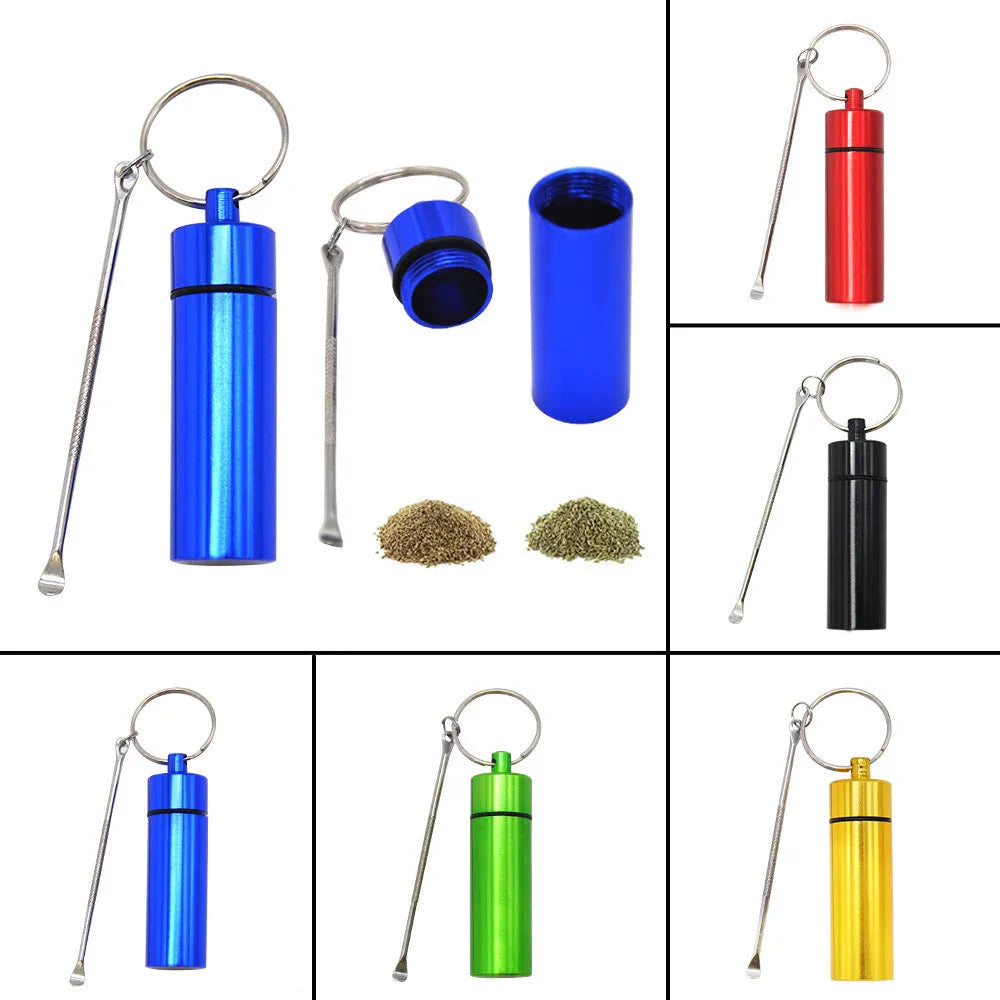 Aluminum portable medicine storage box with spoon and keychain in multiple colour options