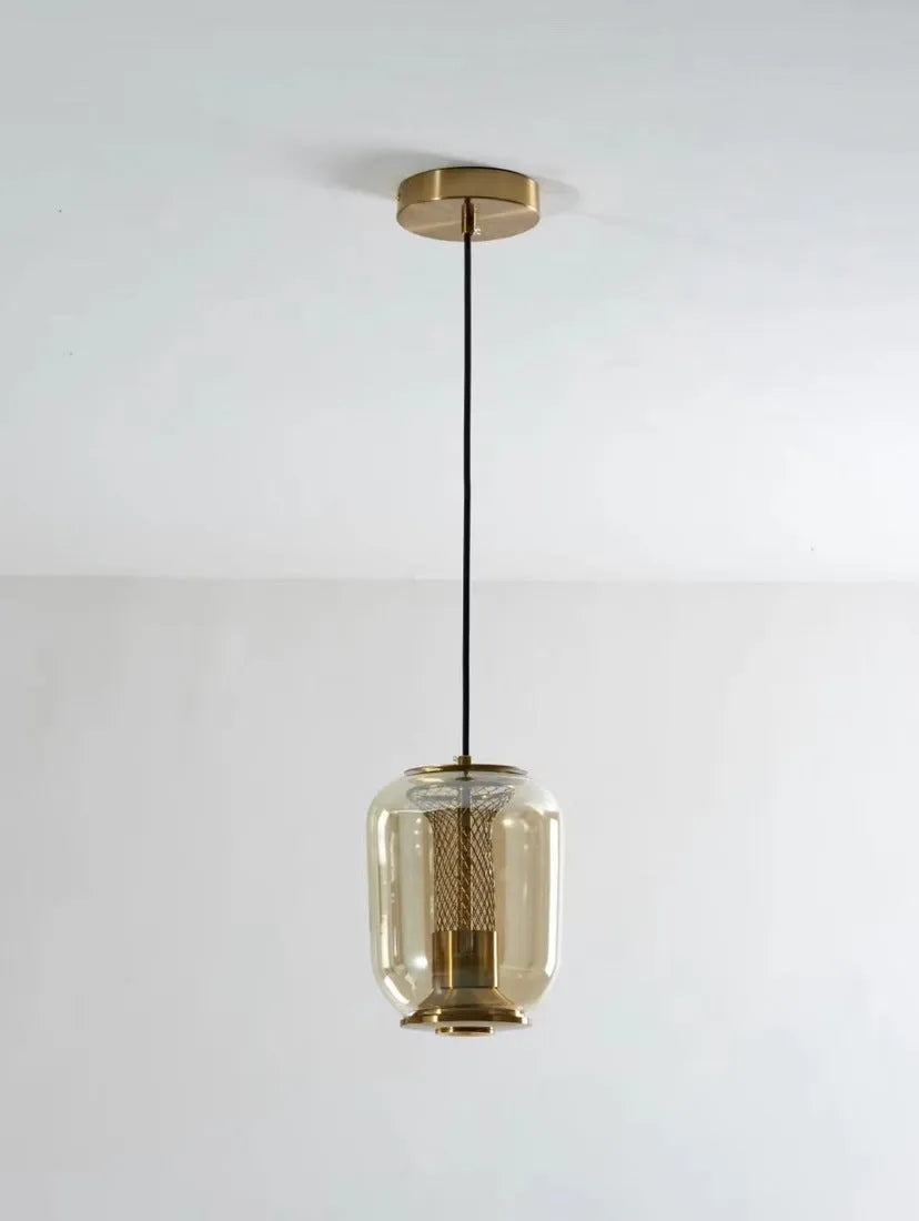 Nordic minimalist chandelier with 16cm diameter shown in transparent, cognac, and smoky grey colour options