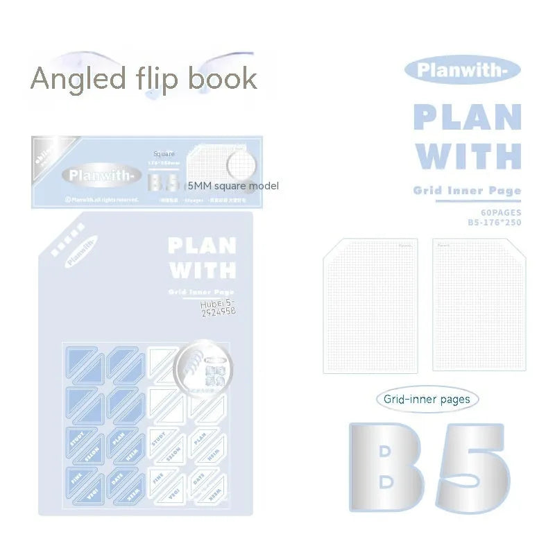 A5 and B5 draft notebooks with white, plaid, and blue covers for student art projects.