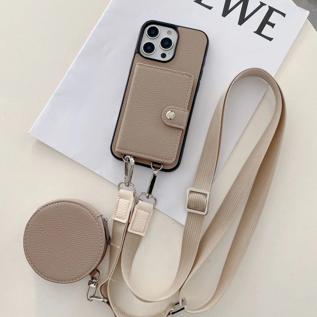 Black PC leather iPhone case with a visible card slot and a lanyard loop on the corner.
