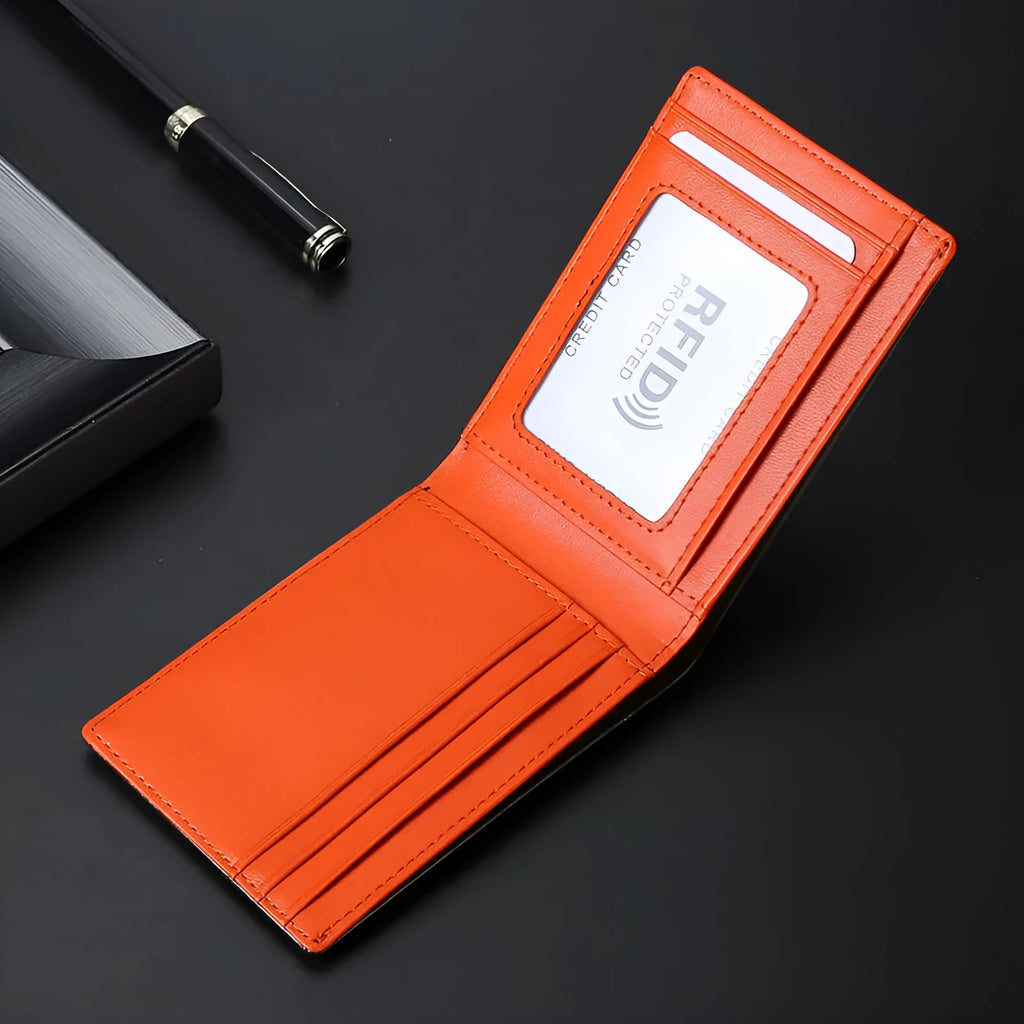 Multiple card slots RFID anti-theft credit card wallet in contrast colour blue, black, and orange genuine leather European American retro style