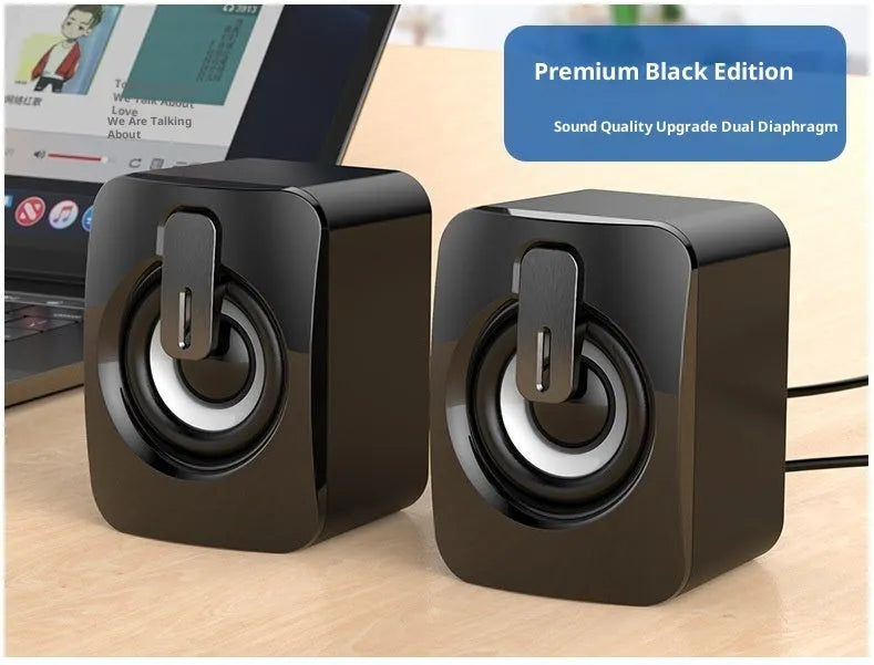Pair of USB mini multimedia wired plastic speakers in A2 VIP Version Black with 2 channels and 60Hz-15KHz frequency range
