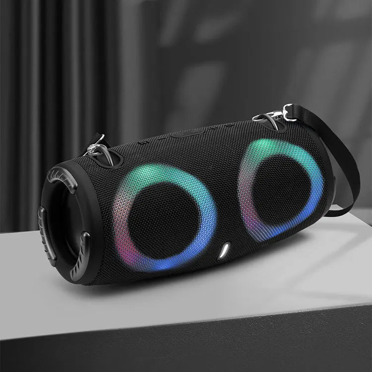 War Drum Bluetooth speaker with RGB coloured lights in black colour with carrying strap