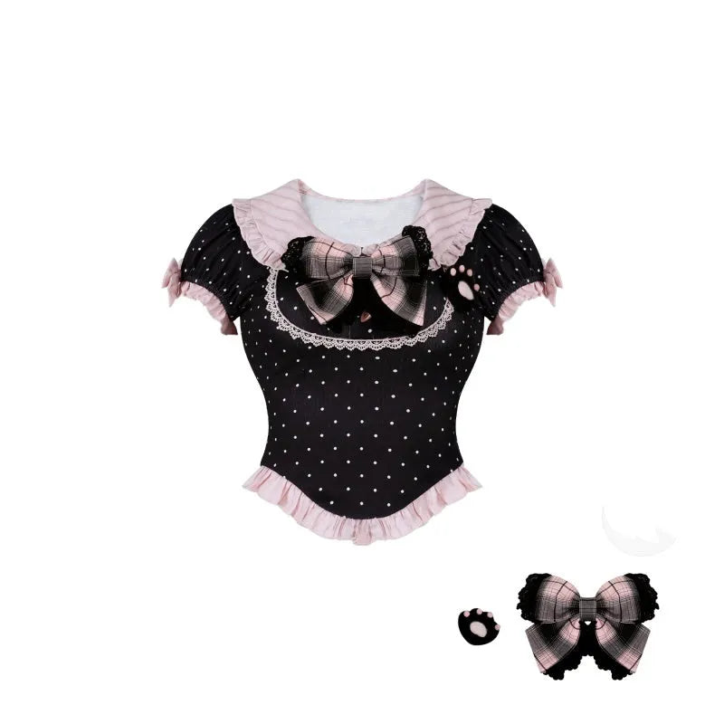 Black polka dot women's summer top, suspender skirt, and crinoline set in girly style