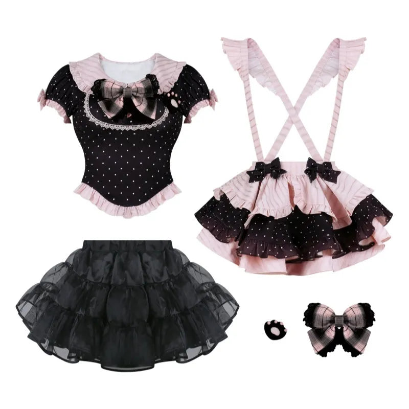 Black polka dot women's summer top, suspender skirt, and crinoline set in girly style