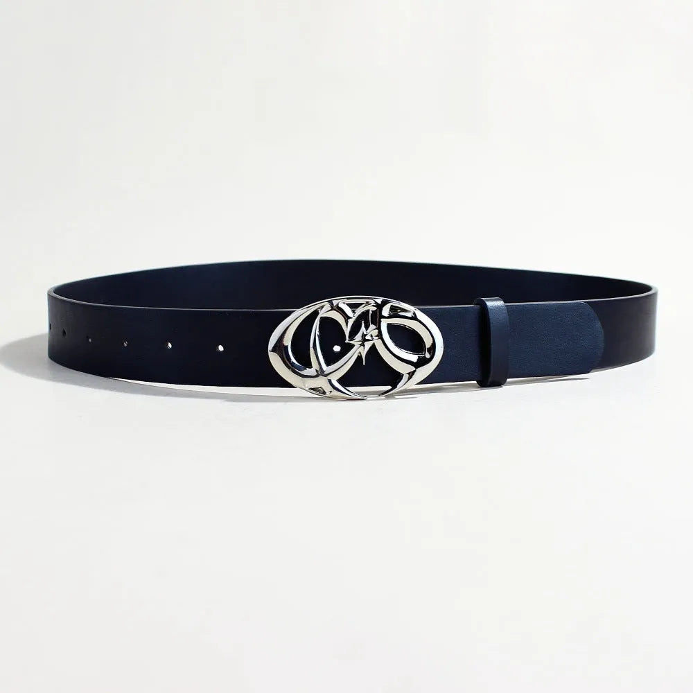Casual silver buckle PU leather belt with snap button fastening, shown at 105cm length.
