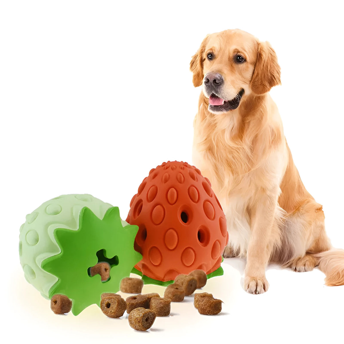 Red or green rubber strawberry leak food ball pet toy, chew resistant, 204.8g, for dogs and cats