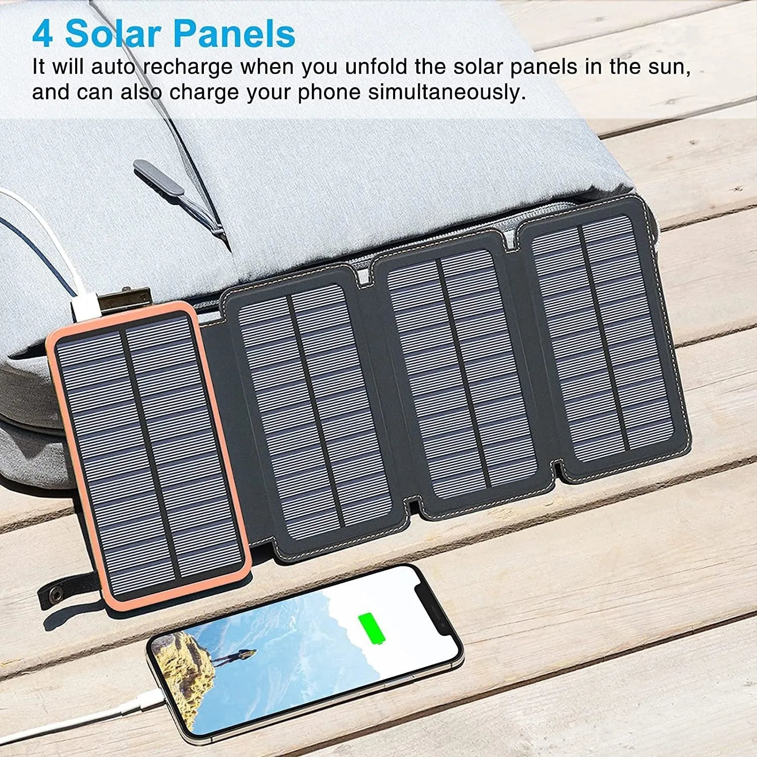 Outdoor solar power bank with waterproof black casing, solar panel, LED light, and USB ports