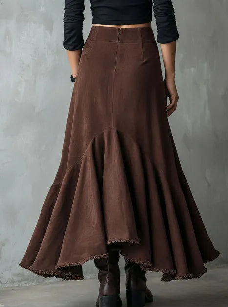 Western brown women's maxi skirt with high-low hem and ruffle trim on eco suede polyester fabric.