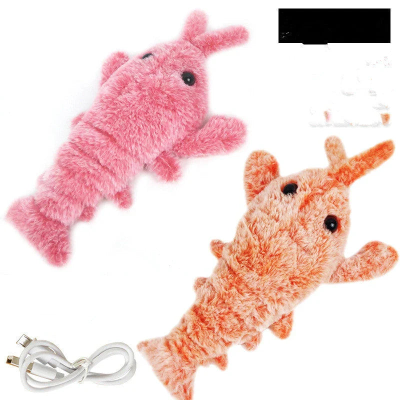 USB rechargeable jumping lobster cat toy with motion-activated swaying and flipping action, made of soft plush fabrics