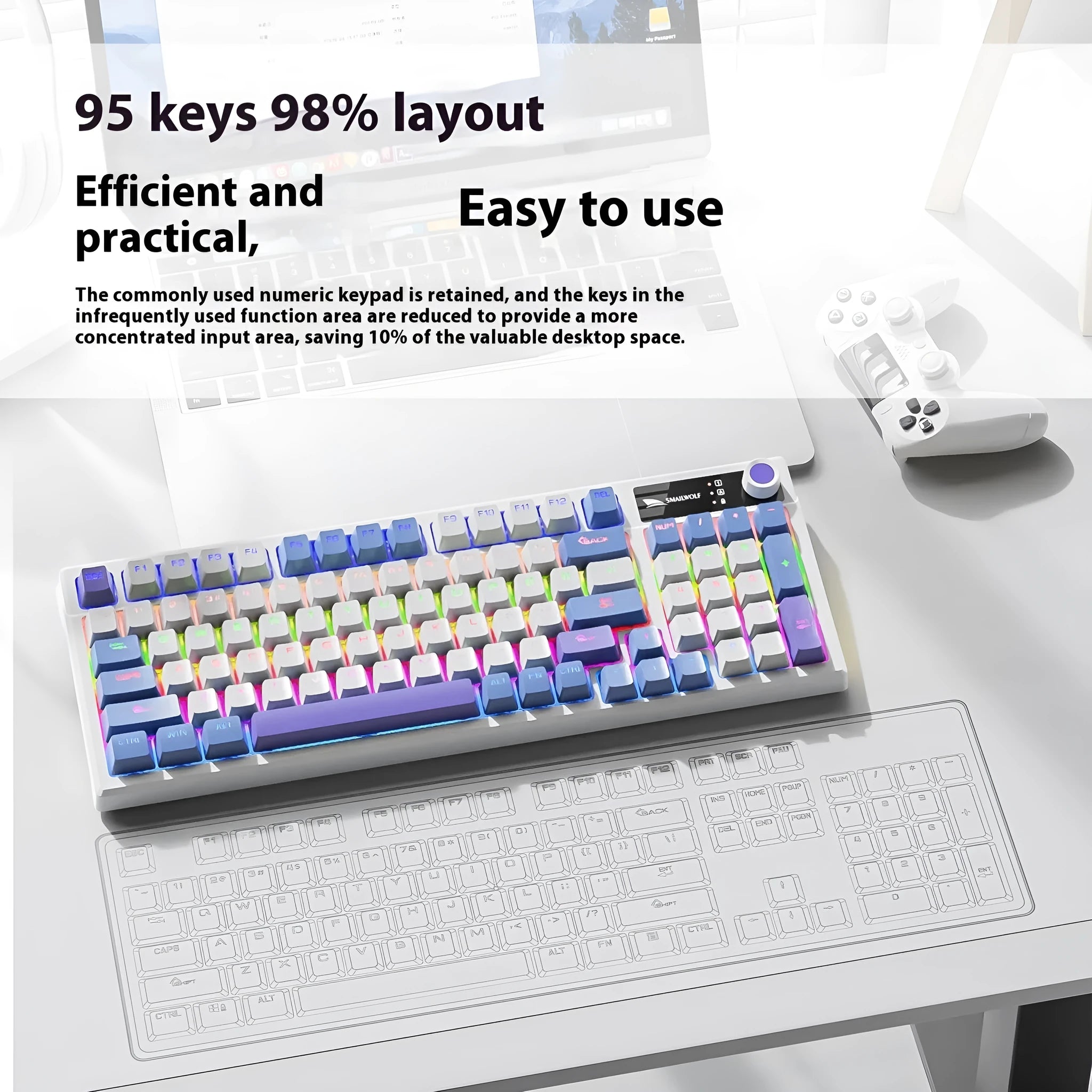 SK15 wired mechanical keyboard with control knob in sunset orange colour showing compact design