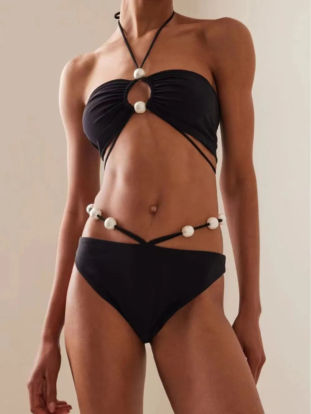 Black women's lace-up front bikini swimsuit with quick-drying nylon fabric