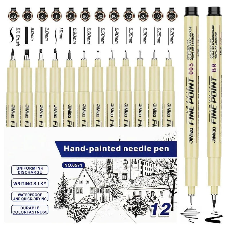 Waterproof syringe-style needle pen for drawing and illustration with black ink refill