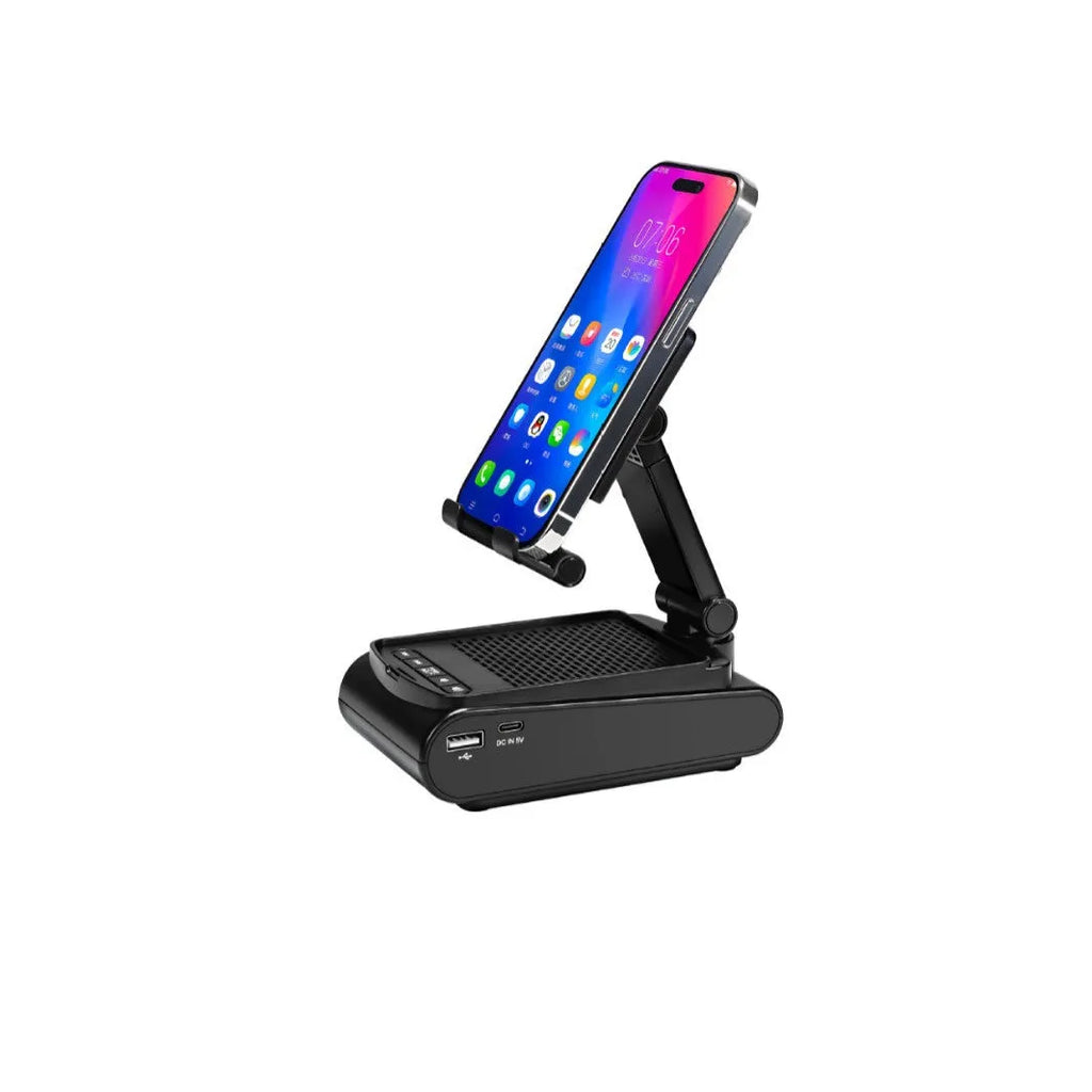 Multi-function lazy phone holder with Bluetooth audio speaker in black plastic, USB powered