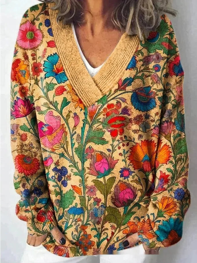 Women's V-neck sweatshirt with a printed 3D floral pattern in an art retro style.