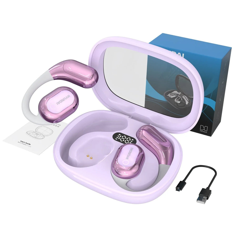 Simultaneous interpretation Bluetooth headset in black with AI translation, noise reduction, ear hook, and charging bin.