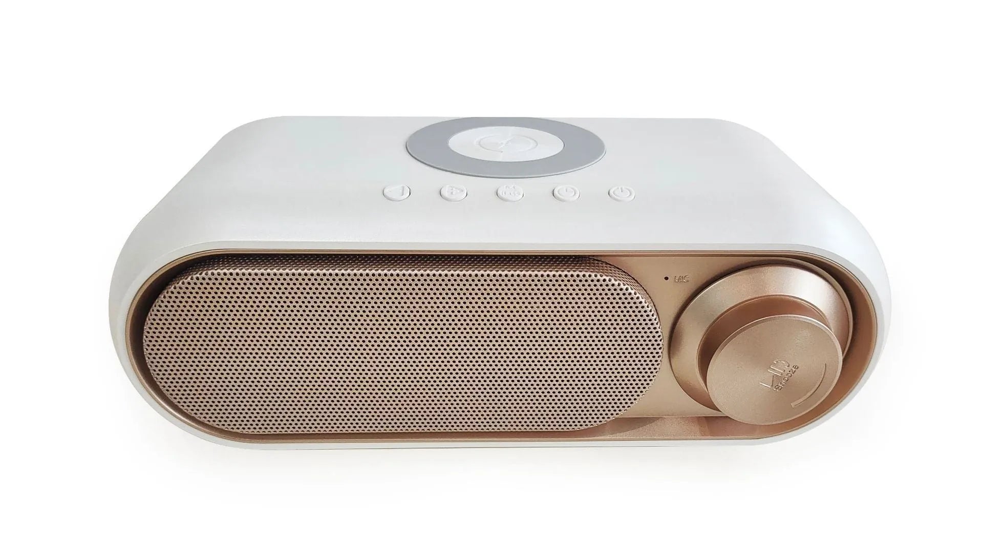Space grey wireless charging bedside alarm clock with Bluetooth speaker and FM radio functions