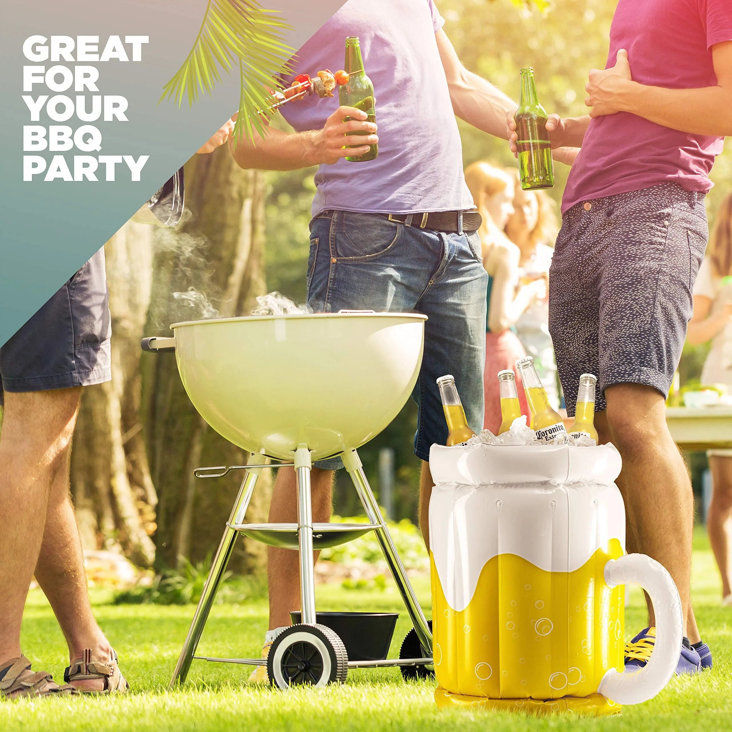Large yellow inflatable beer mug cooler pool float with drink cans inside.
