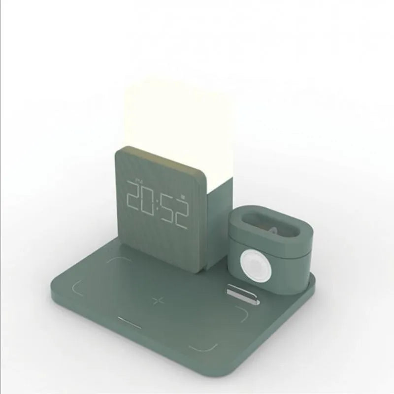 Dark green 3-in-1 Qi wireless charger stand showing phone on angled pad and earbuds in dock.