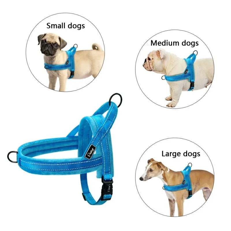 No pull dog harness with leather padded strap in black, for large dogs, sizes XS to XL