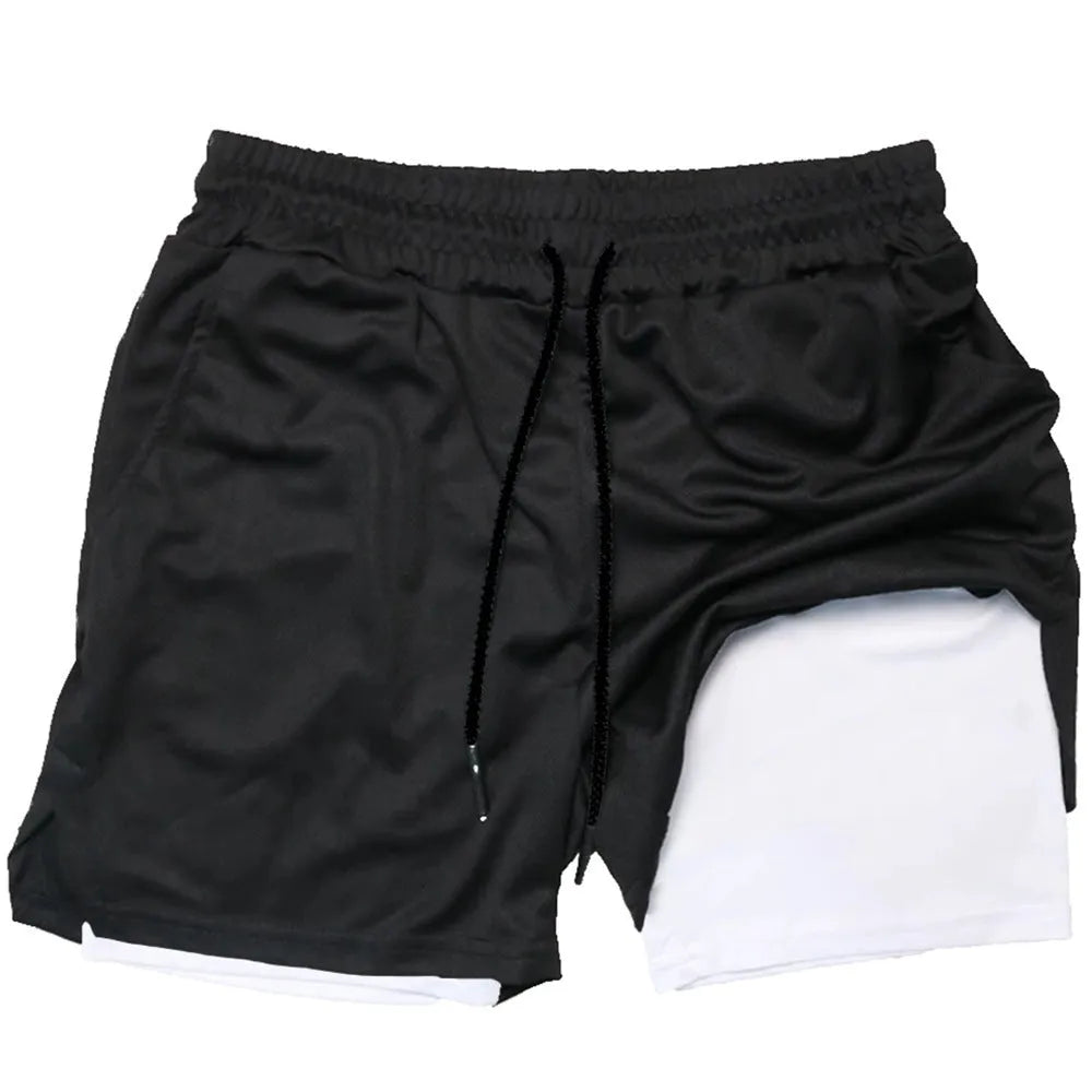 Men's black double-layer sport shorts with cotton blend fabric and milk silk lining