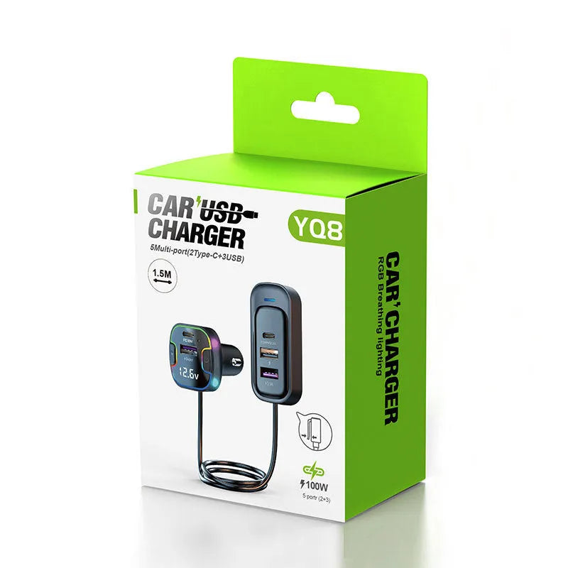YQ8 Black five-port 120W car PD fast charger for front or rear vehicle installation
