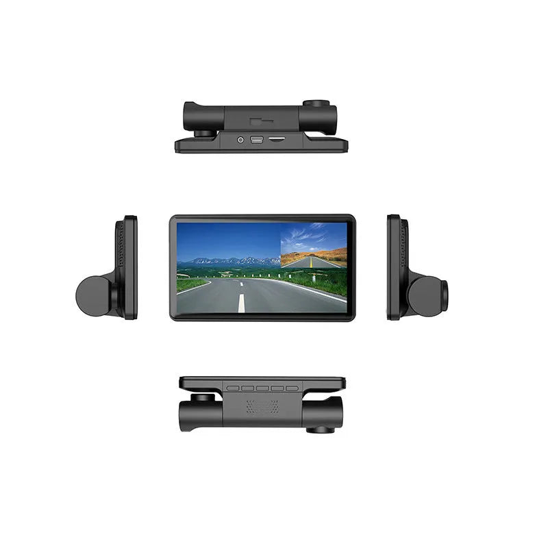 Black three lens dashboard camera with 4 inch screen for front and rear vehicle monitoring