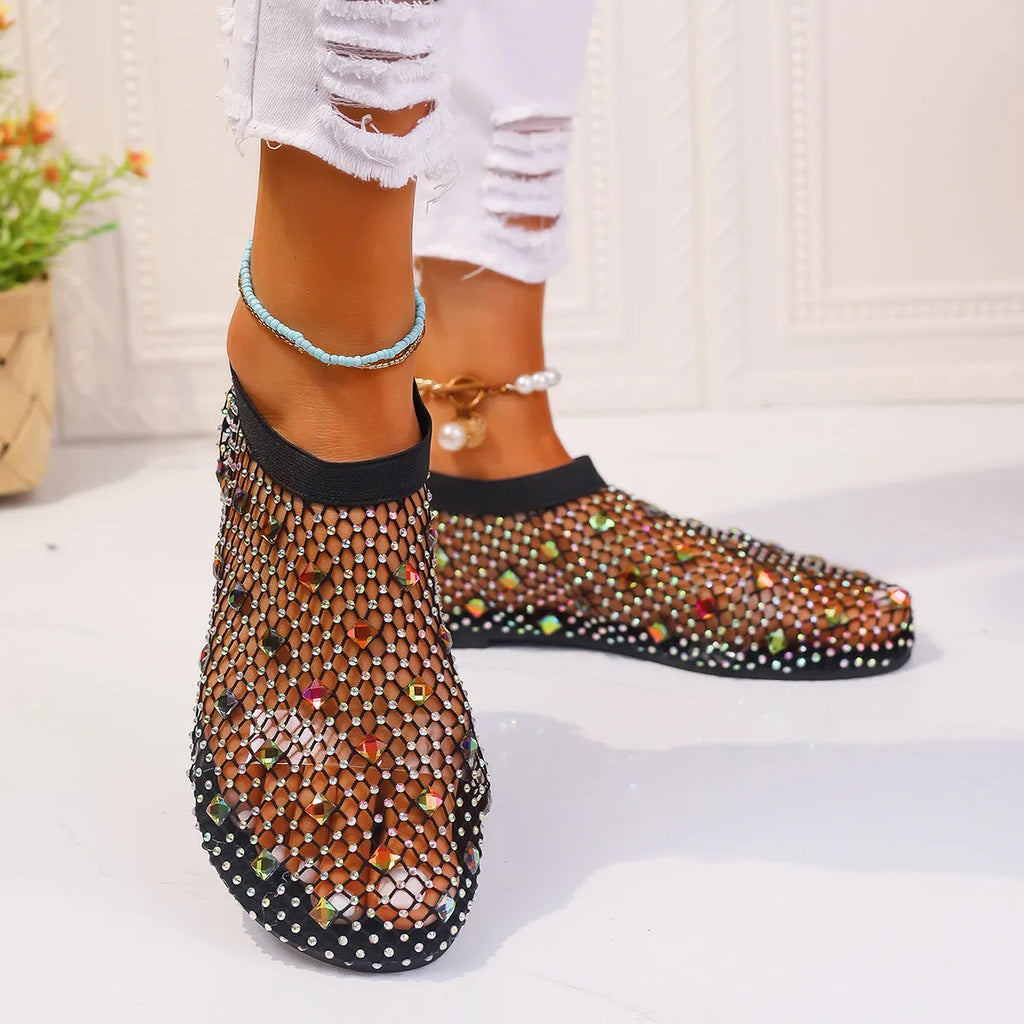 Women's colourful rhinestone mesh flat sandals with round toes and rubber soles