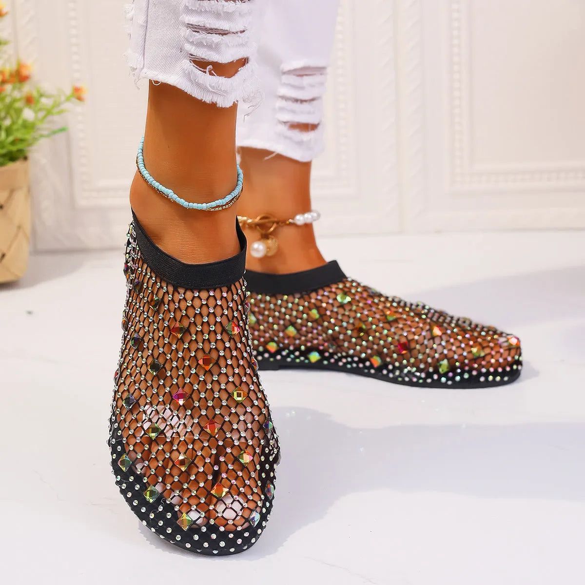 Women's colourful rhinestone mesh flat sandals with round toes and rubber soles