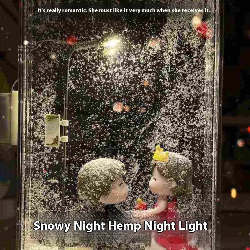 DIY material kit for building a snowy landscape night light with flowing snow effect and warm LED lights.
