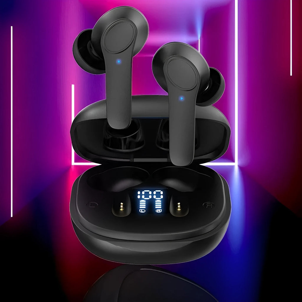 White wireless Bluetooth translation headphones with in-ear design and silicone ear tips on black surface