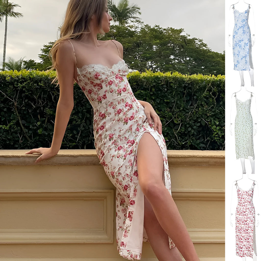 Women's blue lace flowers print maxi dress with suspender straps and a side slit.