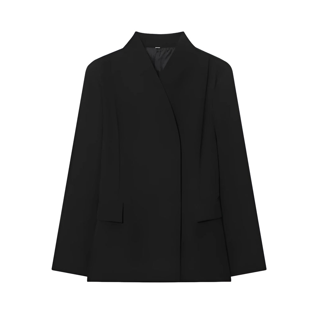 Women's black loose fit long sleeve suit jacket polyester blended fabric solid colour