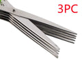 Stainless steel multi-blade kitchen scissors for cutting onions and herbs on a chopping board.