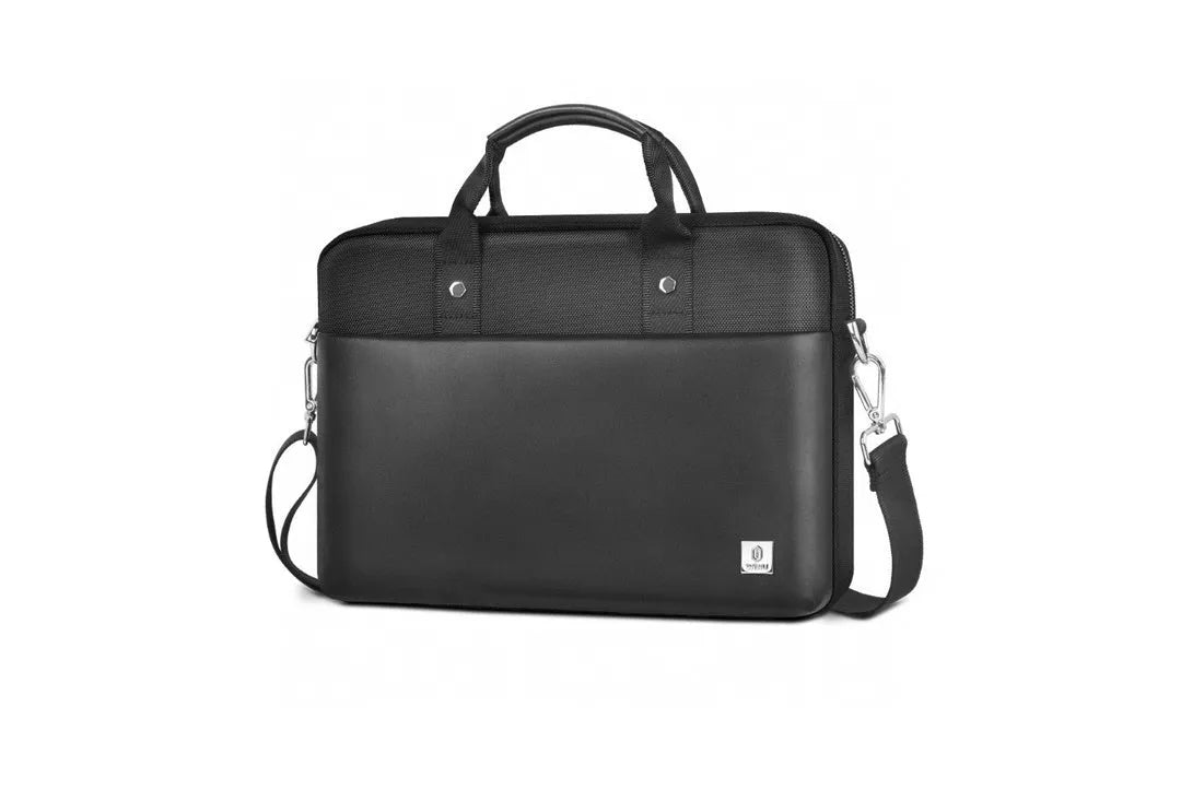 Black Oxford cloth laptop handbag showing multi-pocket organisation and expansion feature.
