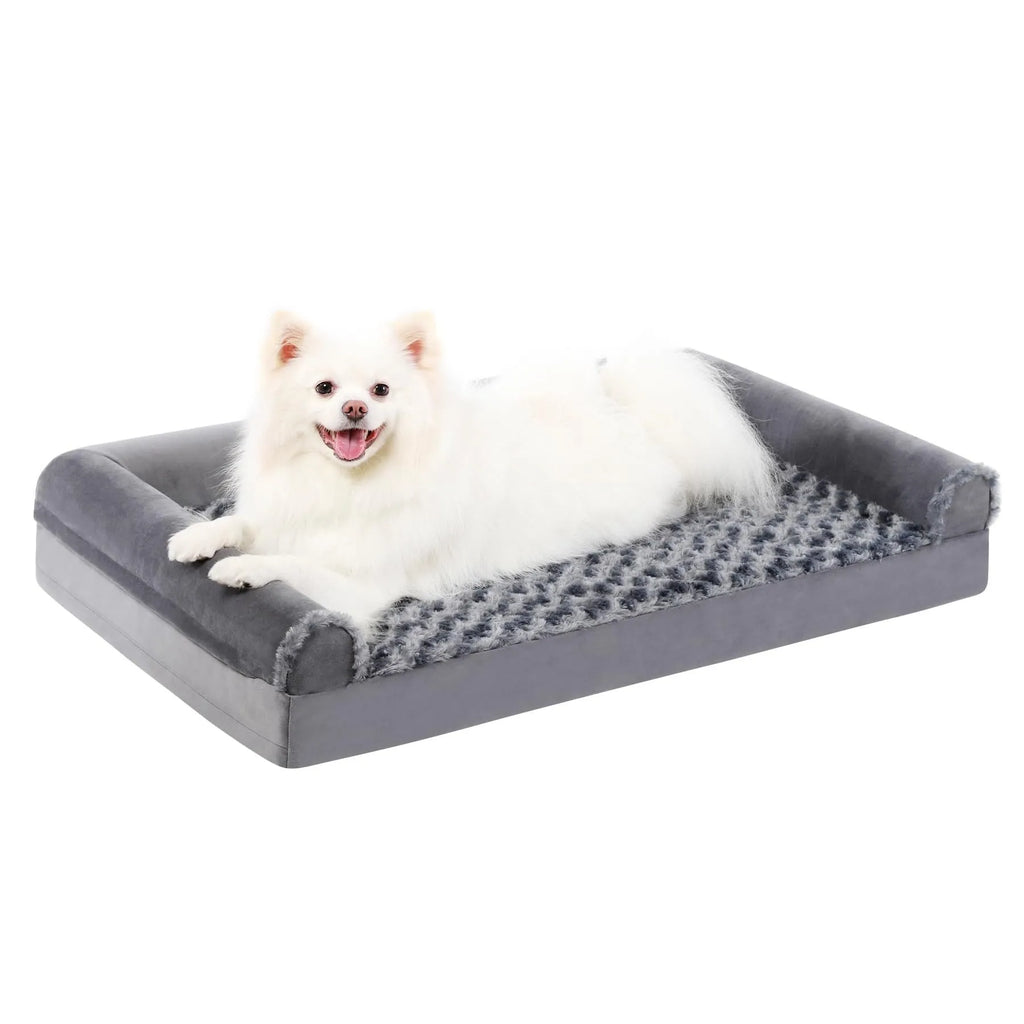 Grey U-shaped velvet dog sofa bed with removable cover, shown in a home setting.