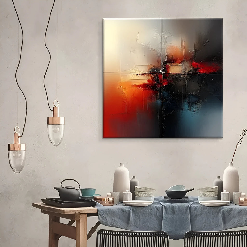 Handmade abstract red oil painting on canvas, square format, rolled frameless wall art