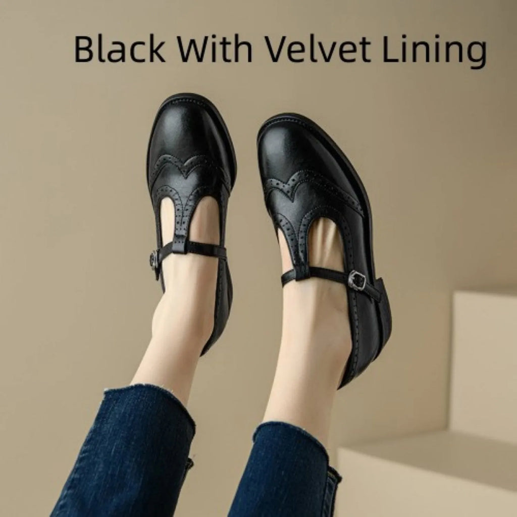 Women's retro round head Mary Jane shoes in black genuine leather with T-bar strap and rubber sole