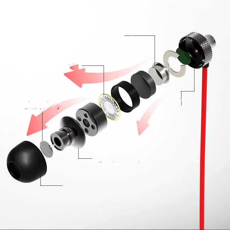 Metal in-ear headphones with wheat-coloured cable and 3.5mm plug in gold, silver, black, and red/black colours.