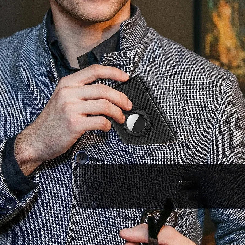 Black genuine leather card holder with stripe pattern, 9.8x6.5x2.1cm, anti-theft credit card function