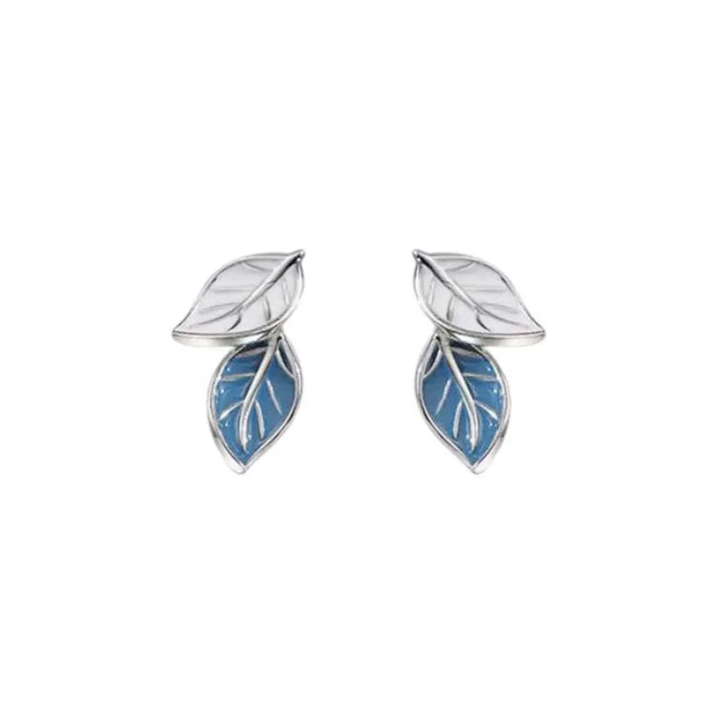 Leaf-shaped stud earrings for women in copper with white gold plating, geometric design, one pair