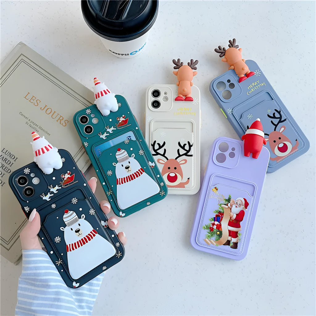 Christmas silicone iPhone case with card bag in black, purple, green or white for listed iPhone models