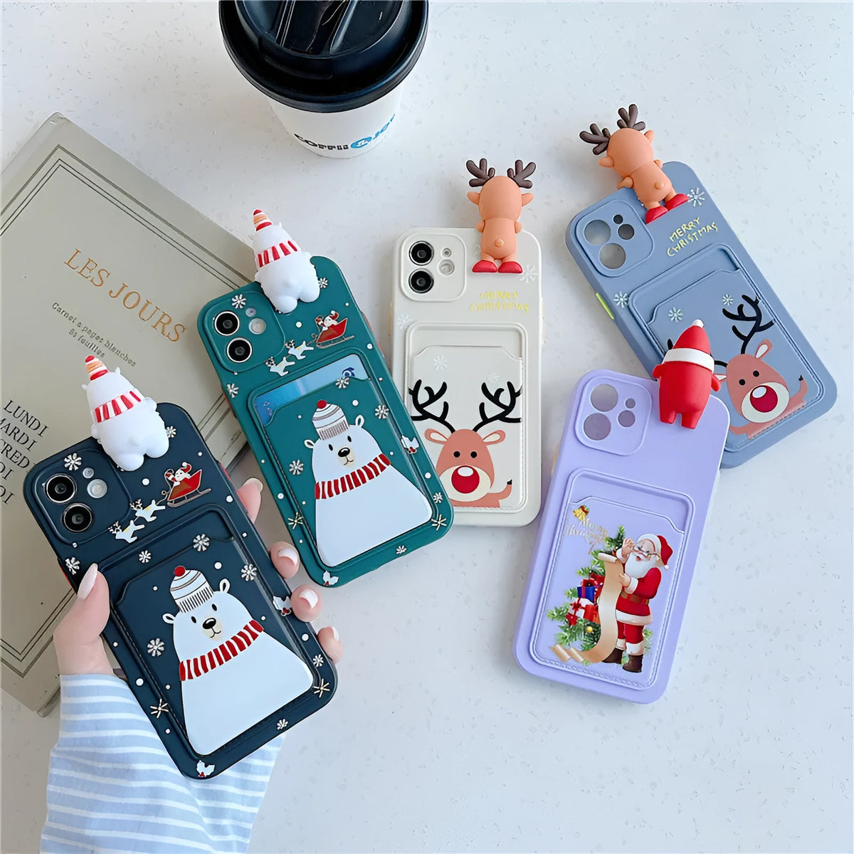 Christmas silicone iPhone case with card bag in black, purple, green or white for listed iPhone models
